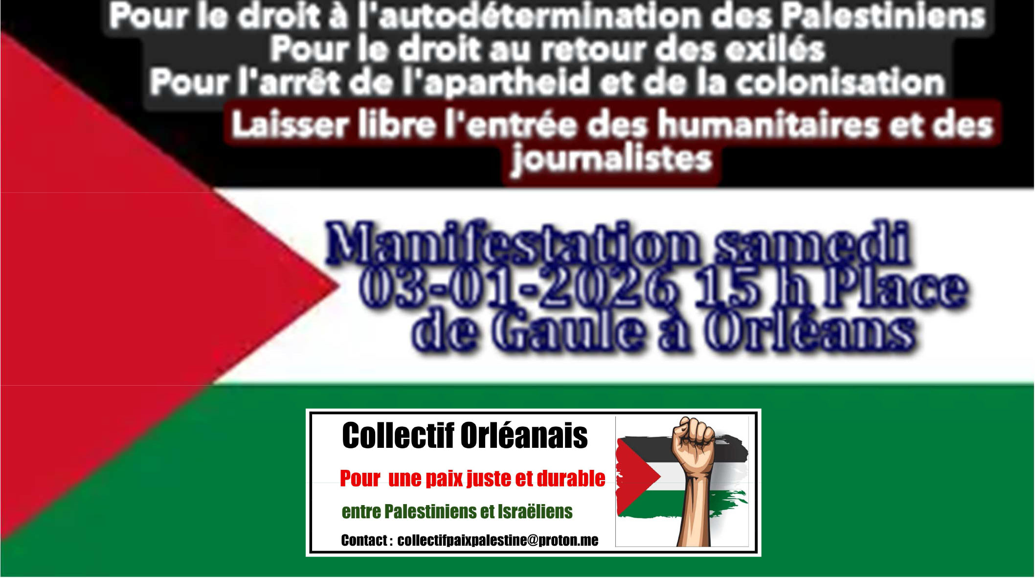 Palestine Manifestation samedi 03 janvier 2026 à 15h Place de Gaulle à Orléans