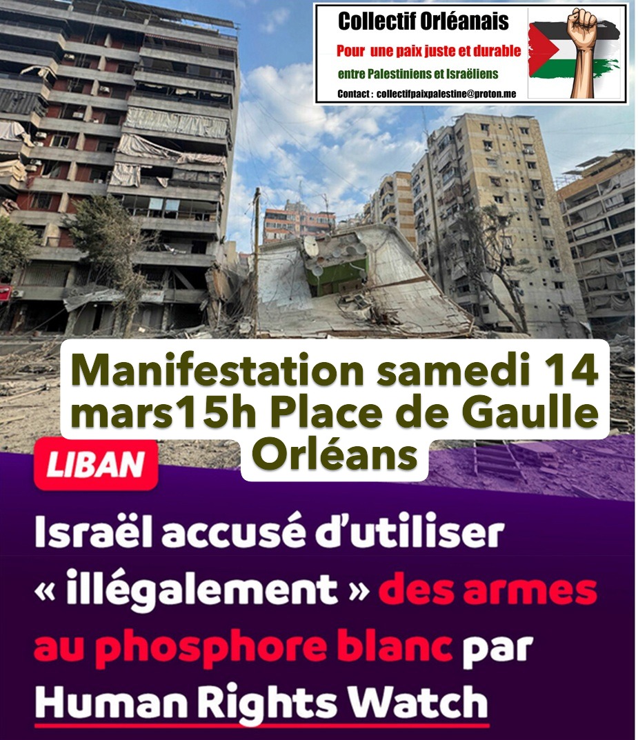 Manifestation Solidarité avec la Palestine à Orléans samedi 14 mars 15h Place de Gaulle