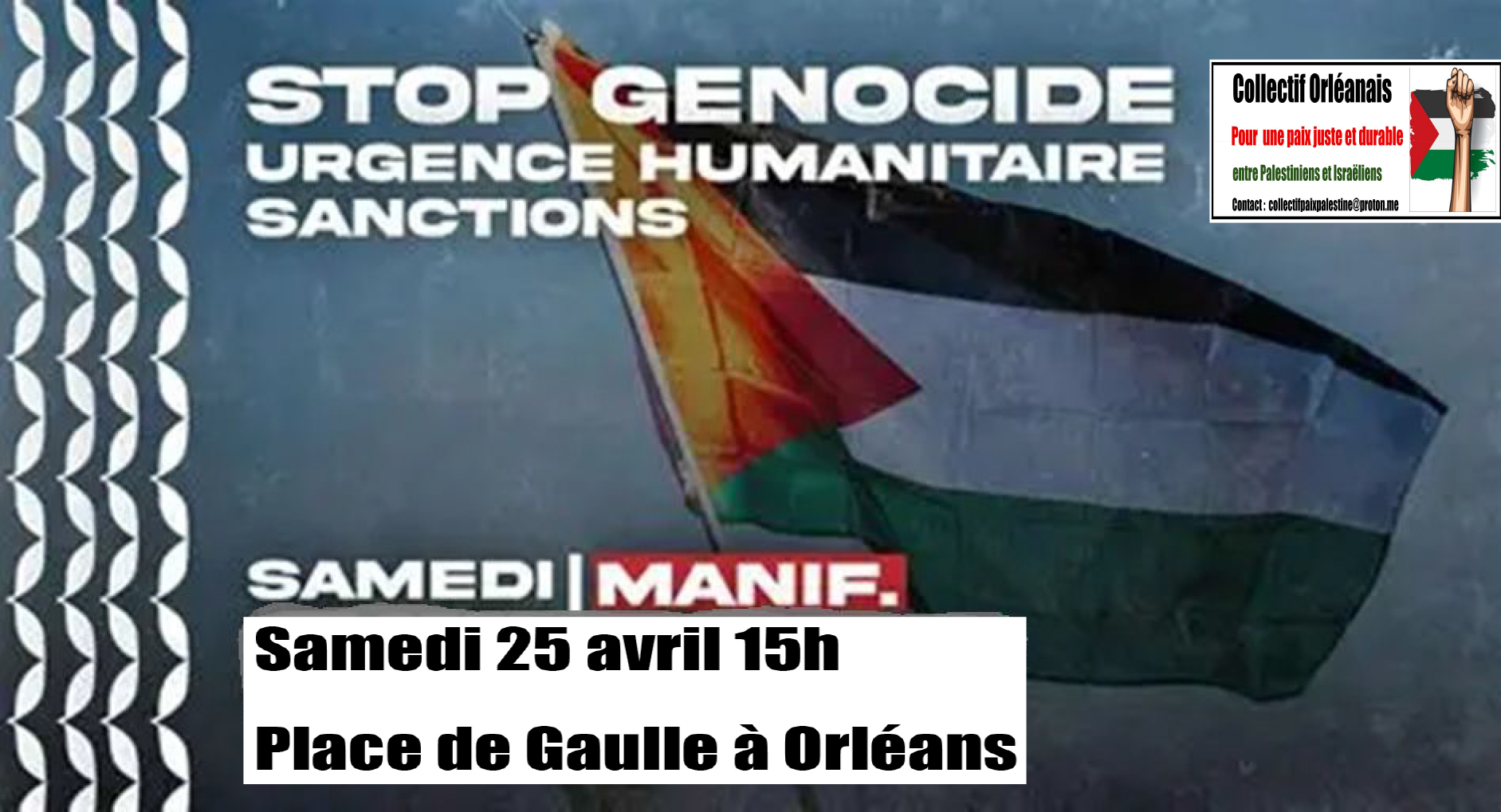 Orléans-Gaza-Palestine manifestation de solidarité samedi 25 avril à 15h Place de Gaulle !