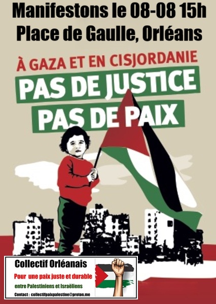 GAZA-ORLEANS Manifestation samedi 8 août 15h place de Gaulle