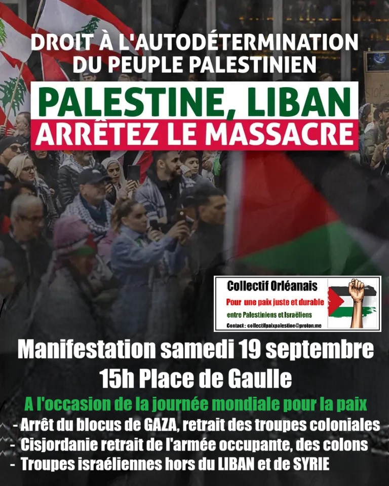 Palestine manifestation samedi 19 septembre 15h départ place de Gaulle !